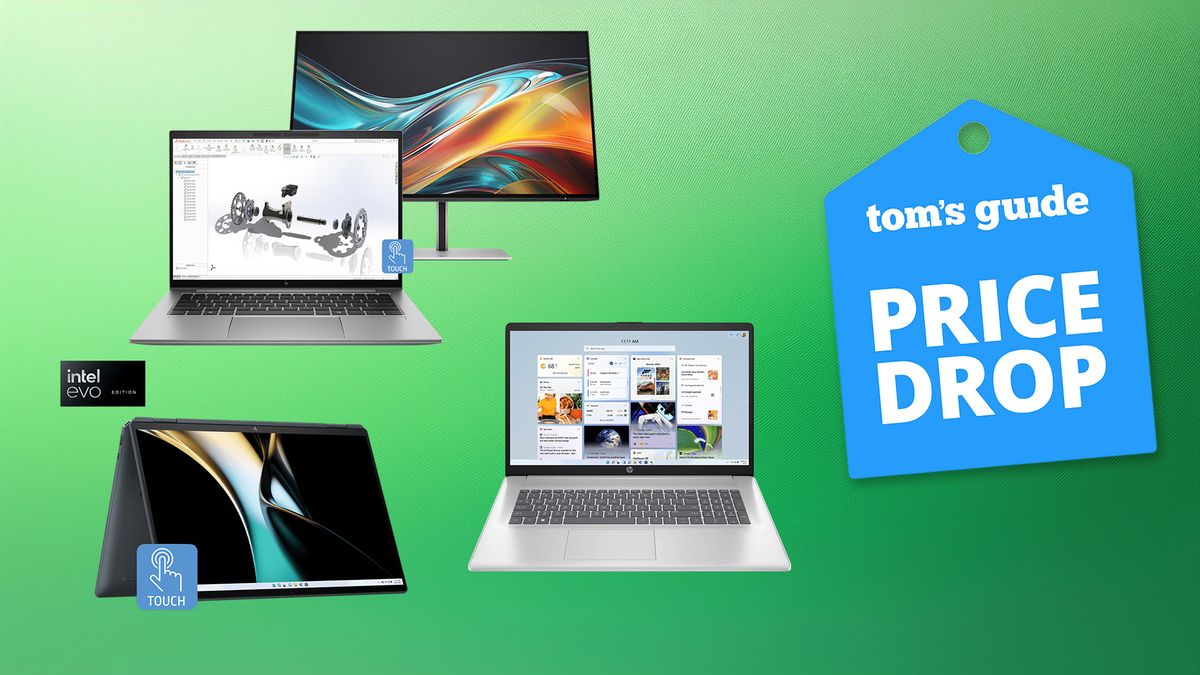 HP laptops on a green background with Tom&#039;s Guide logo and text that says price drop