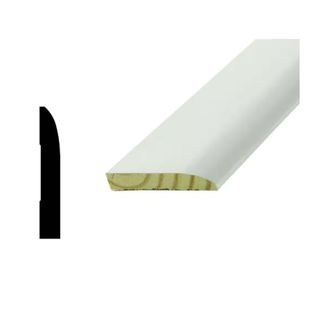 White simple baseboard that is primed white and a graphic showing the side profile in black