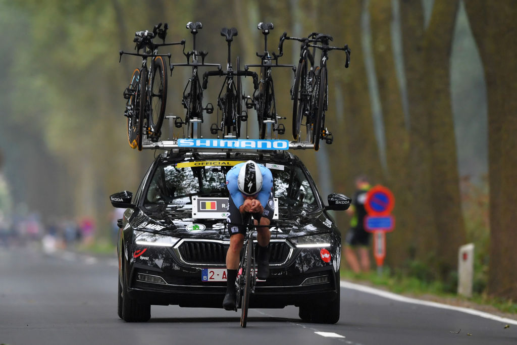 BRUGES BELGIUM SEPTEMBER 19 Remco Evenepoel of Belgium sprints during the 94th UCI Road World Championships 2021 Men Elite ITT a 433km Individual Time Trial race from KnokkeHeist to Bruges flanders2021 ITT on September 19 2021 in Bruges Belgium Photo by Luc ClaessenGetty Images