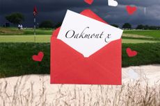 An image of Oakmont Country Club looking ominous during the 2025 US Open, with an inset image of a love letter reading 'Oakmont x'