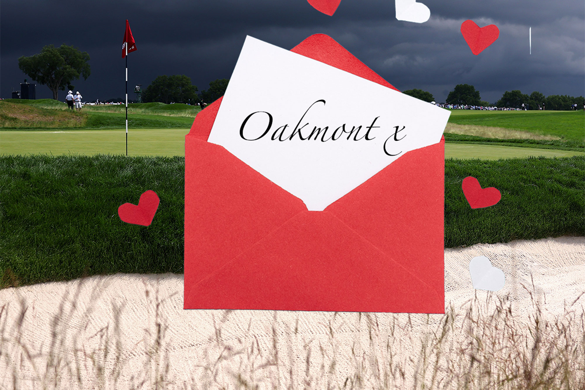 An image of Oakmont Country Club looking ominous during the 2025 US Open, with an inset image of a love letter reading &#039;Oakmont x&#039;