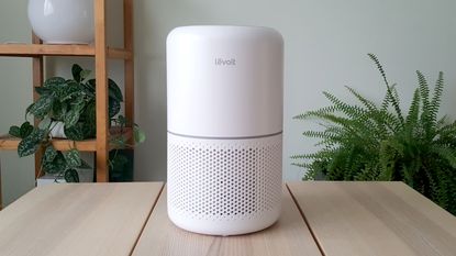 The Levoit Core 300S air purifier being tested in a room with a wooden table, green walls, and plants