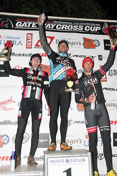 Elite men's podium on the opening day of the Gateway Cross Cup (L-R): Zach McDonald, Ben Berden and Troy Wells