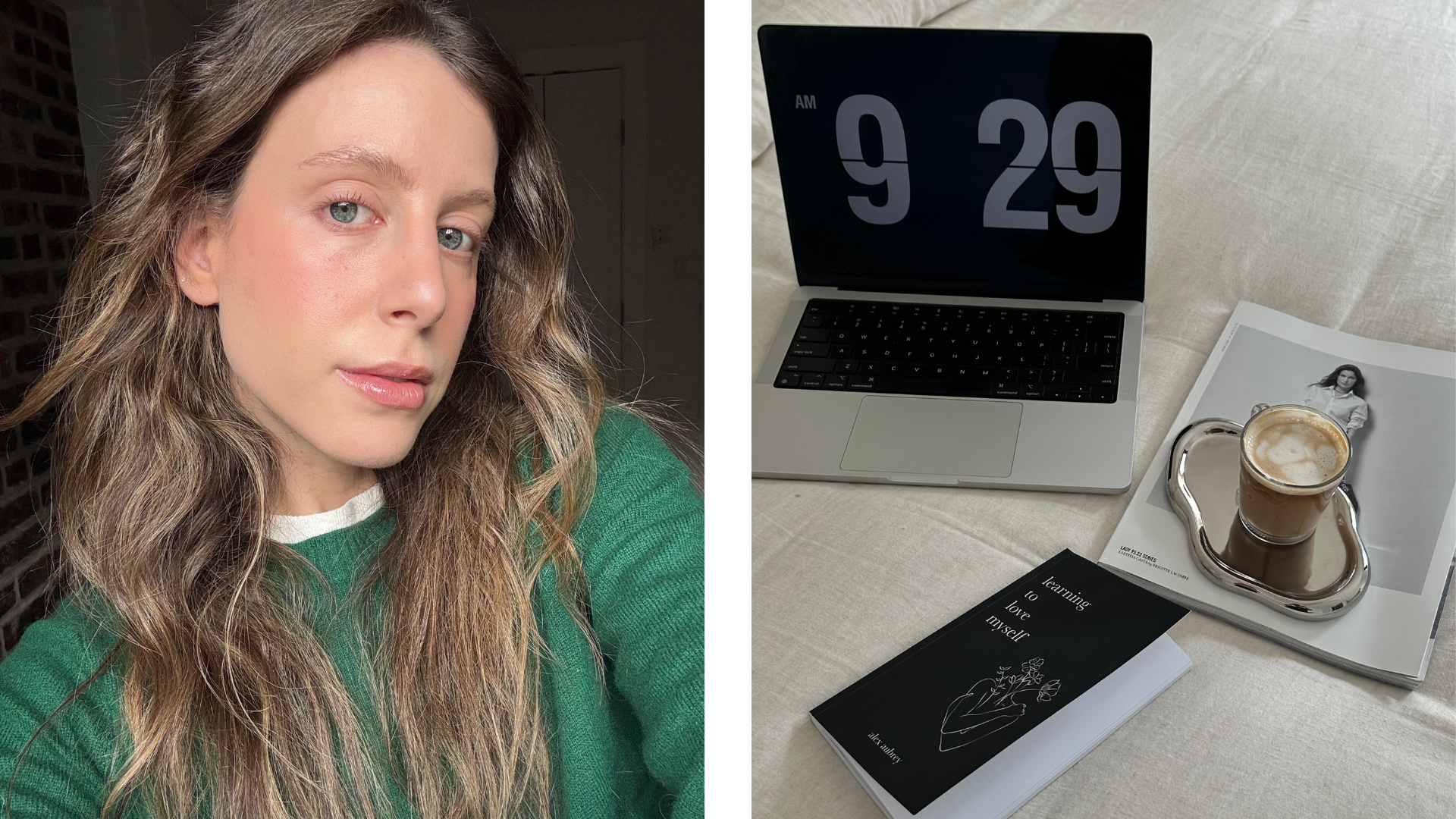 Photo collage of Jamie Schneider with glowing skin and a computer on a bed
