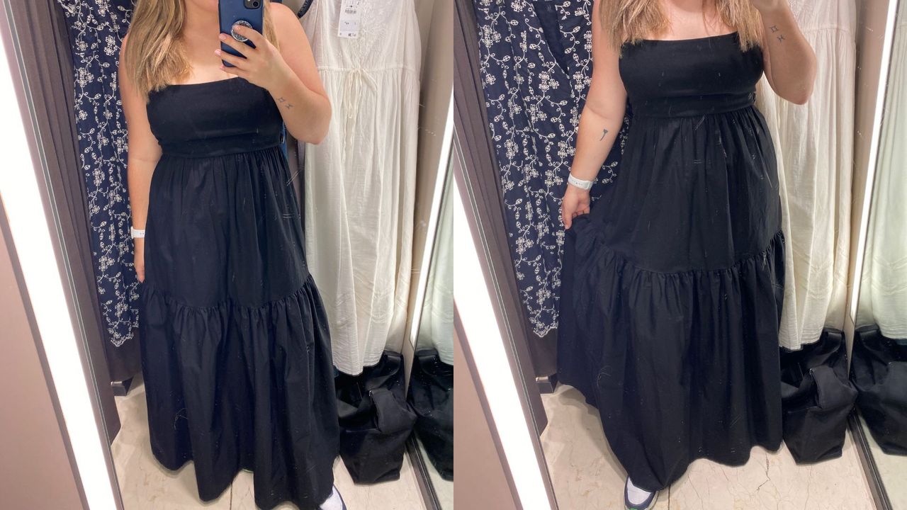 composite of our fashion writer wearing a black tiered zara maxi dress