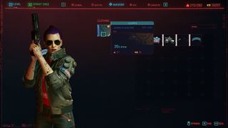 A character wearing Johnny Silverhand's samurai jacket in the Cyberpunk 2077 inventory screen.