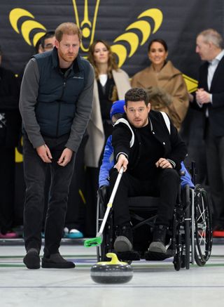 Prince Harry, Duke of Sussex, Luisana Lopilato, Michael Bublé and Meghan, Duchess of Sussex attend the Invictus Games One Year To Go Winter Training Camp at Hillcrest Community Centre on February 16, 2024 in Vancouver, Canada.