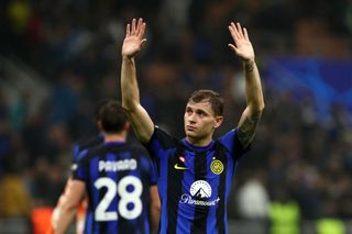 Nicolo Barella of FC Internazionale applauds the fans atvduring the UEFA Champions League match between FC Internazionale and FC Salzburg at Stadio Giuseppe Meazza on October 24, 2023 in Milan, Italy.
