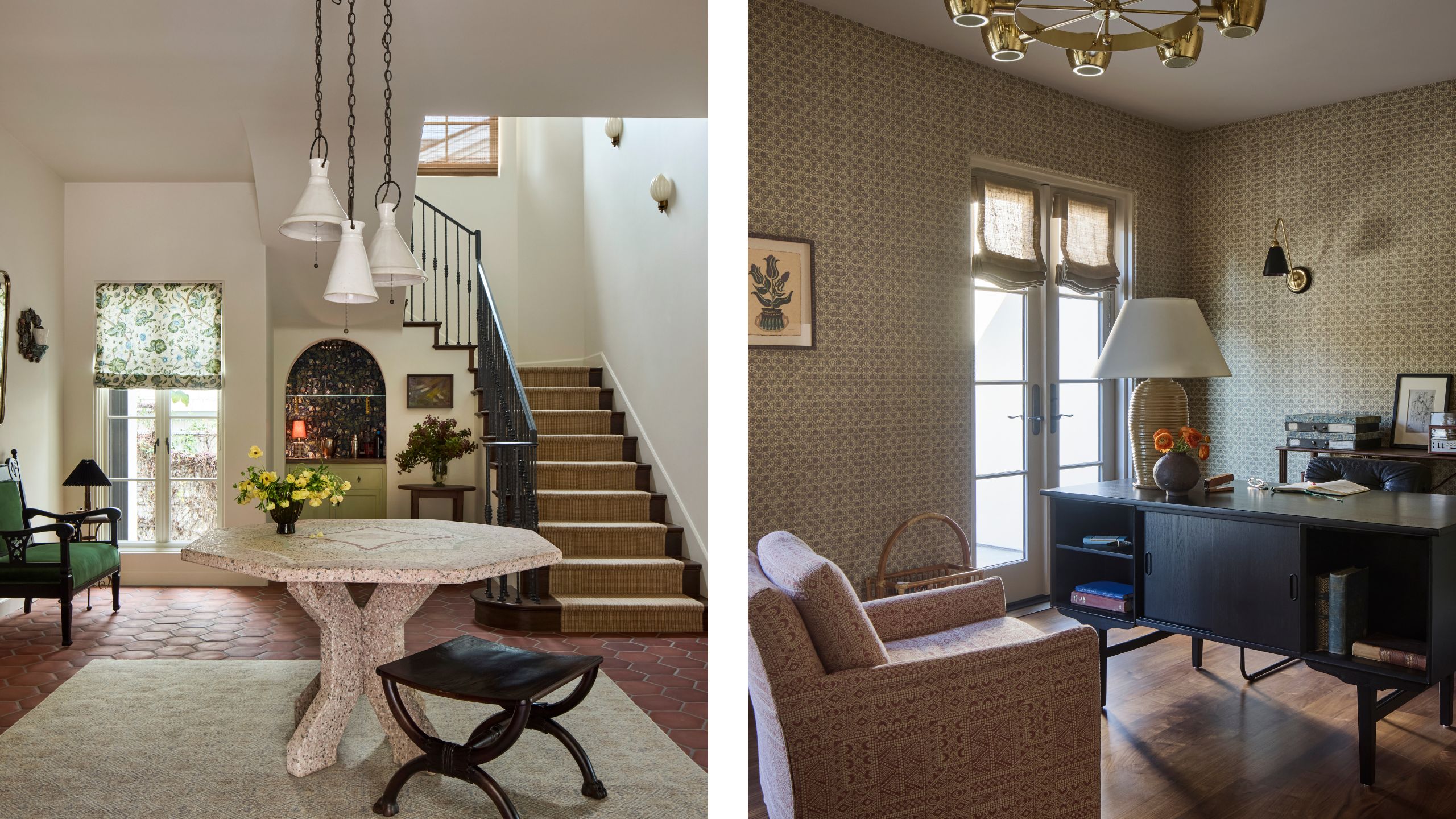 two side by side images of a Spanish home entry and home office with terracotta floors and stone table in the entry and a floral wallpapered office with black desk