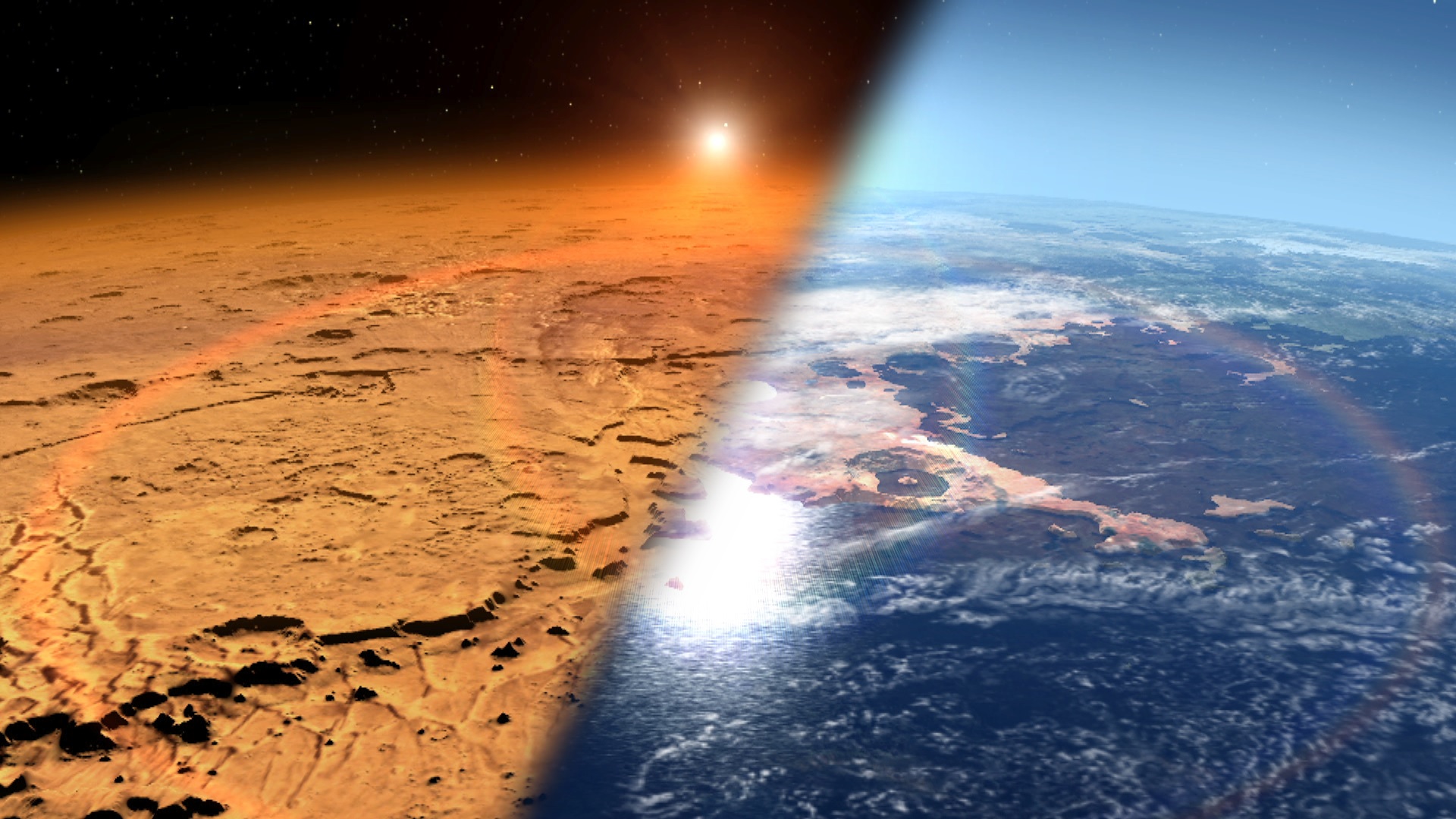 Comparison of dry, orange Mars and wetter, more Earthlike Mars