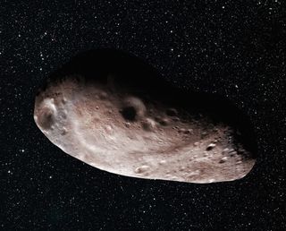 Artist’s illustration showing 2014 MU69 as a long and relatively skinny object. MU69 could also be a body with a large chunk out of it, or two separate objects that orbit closely to each other (and perhaps even touch).