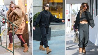 Split image of jennifer lopez wearing ugg boots with leggings and a fur coat, sunglasses and black sweatsuits