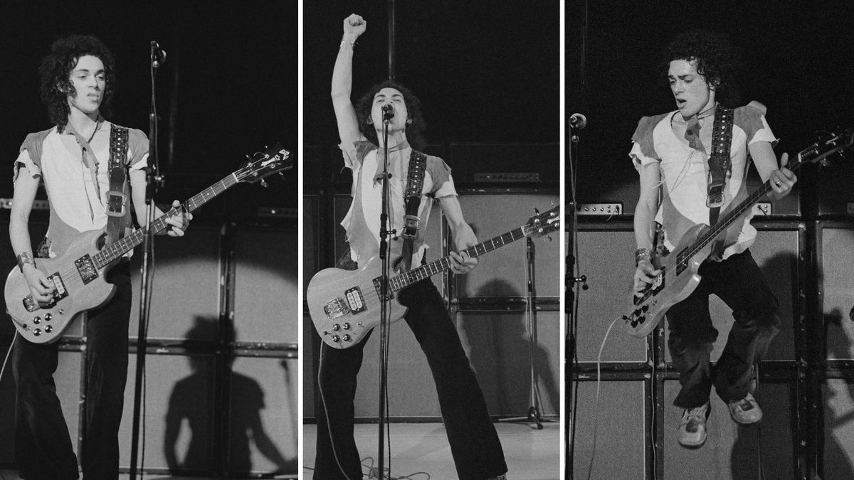 English bassist and songwriter Andy Fraser performing with the Andy Fraser Band, 17th March 1975. Fraser is a former member of rock group Free. 