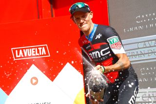 Alessandro De marchi celebrates on the Vuelta podium after winning stage 11