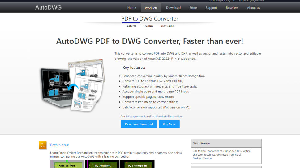 Website screenshot for AutoDWG PDF to DWG Converter