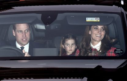 LONDON, ENGLAND - DECEMBER 18: Prince William, Duke of Cambridge, Princess Charlotte of Cambridge and Catherine, Duchess of Cambridge attend Christmas Lunch at Buckingham Palace on December 18, 2019 in London, England. (Photo by Karwai Tang/WireImage)