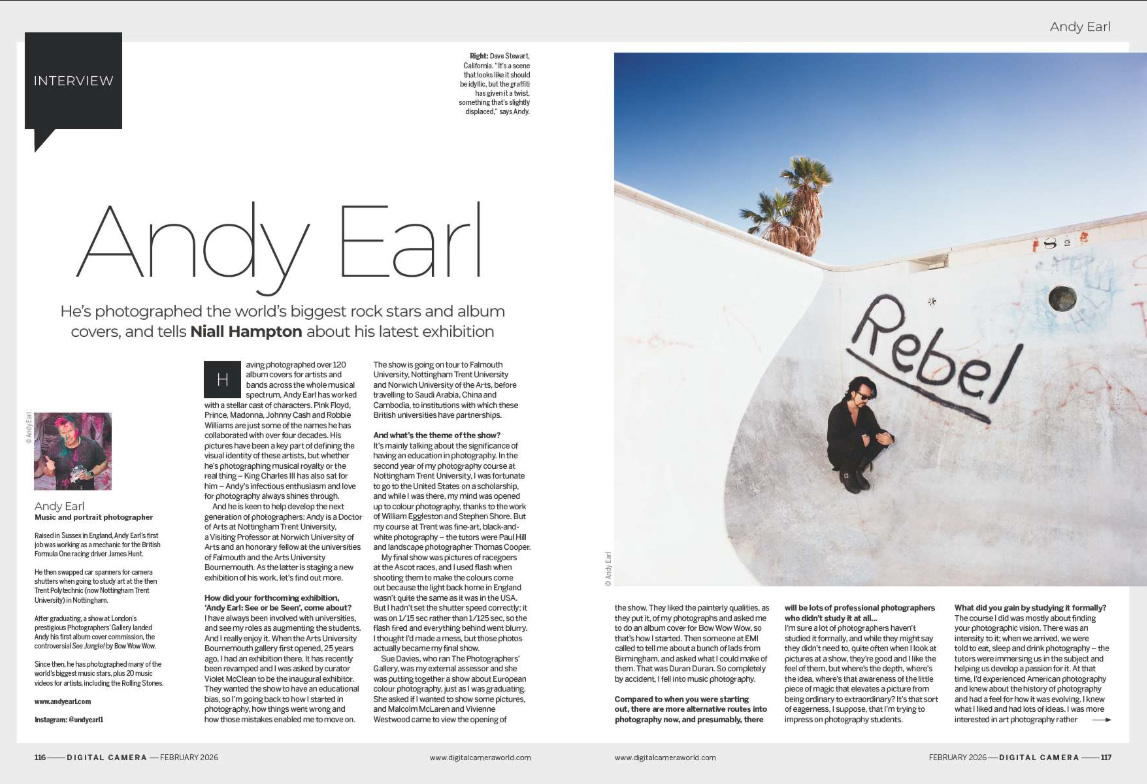 Image showing the first two pages of the interview with Andy Earl in issue 303 (February 2026) of Digital Camera magazine, a music and portrait photographer who has shot album covers for many of the world&amp;rsquo;s biggest bands and recording artists