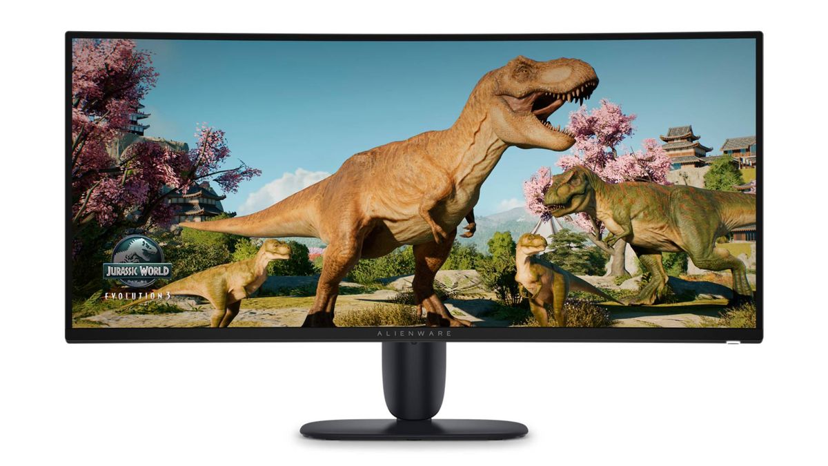 Alienware AW3426DWM monitor with Jurassic World Evolution 3 art on screen.