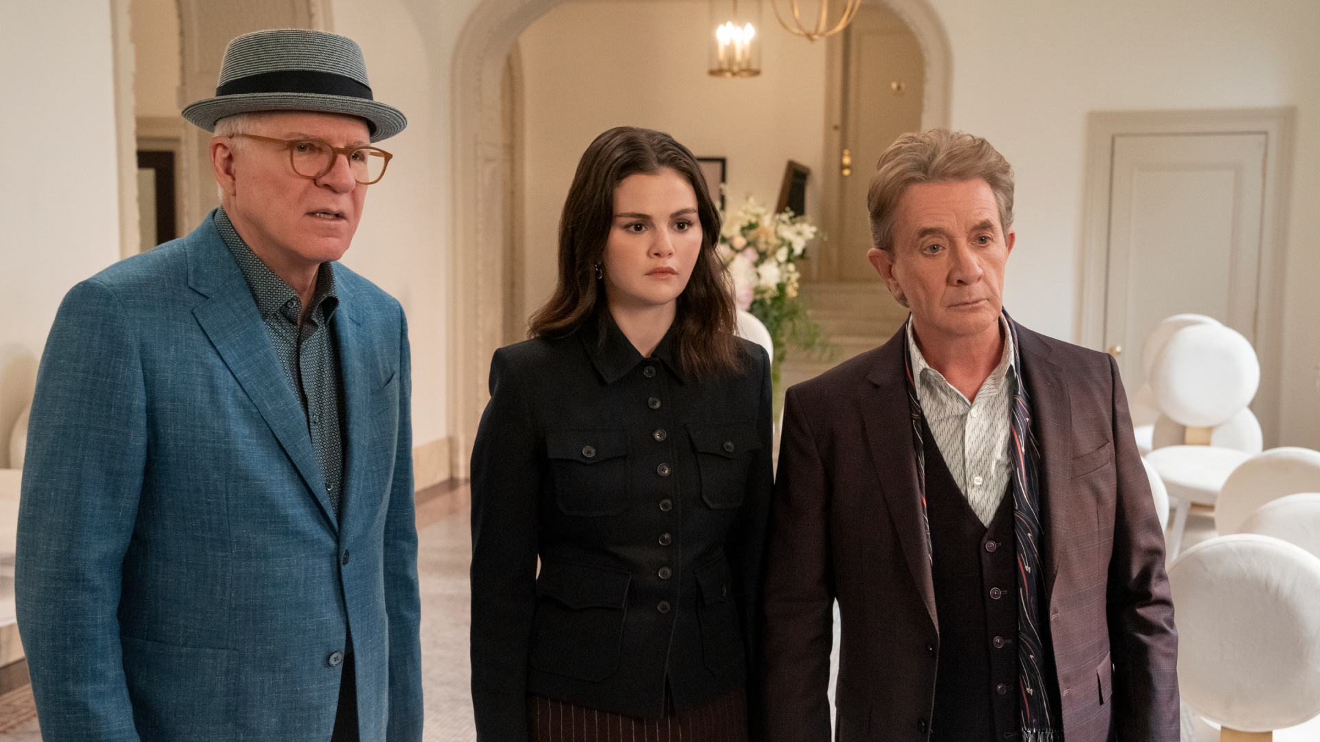 l-r Steve Martin as Charles, Selena Gomez and Mabel, and Martin Short as Oliver in &#039;Only Murders in the Building.&#039;