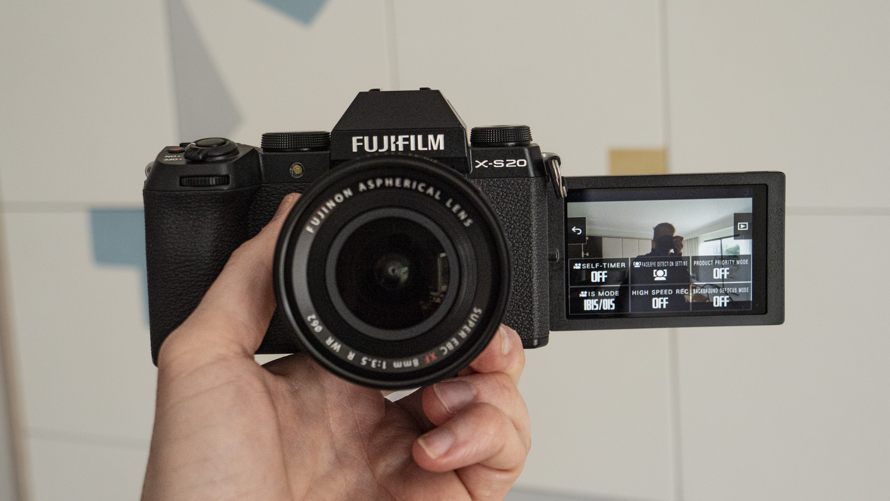Fujifilm X-S20 camera with screen flipped out to the side in vlogging mode