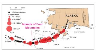 Location map of the Islands of Four Mountains in the Aleutian arc. This also shows the position and approximate areas of known calderas along the arc.