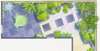 Garden design illustration designed at a diagonal to how to make a small garden look bigger