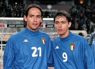 Simone and Filippo Inzaghi pose together ahead of Italy's friendly against Spain in Barcelona in 2000.