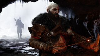 God of War Ragnarok Kratos sitting in cave