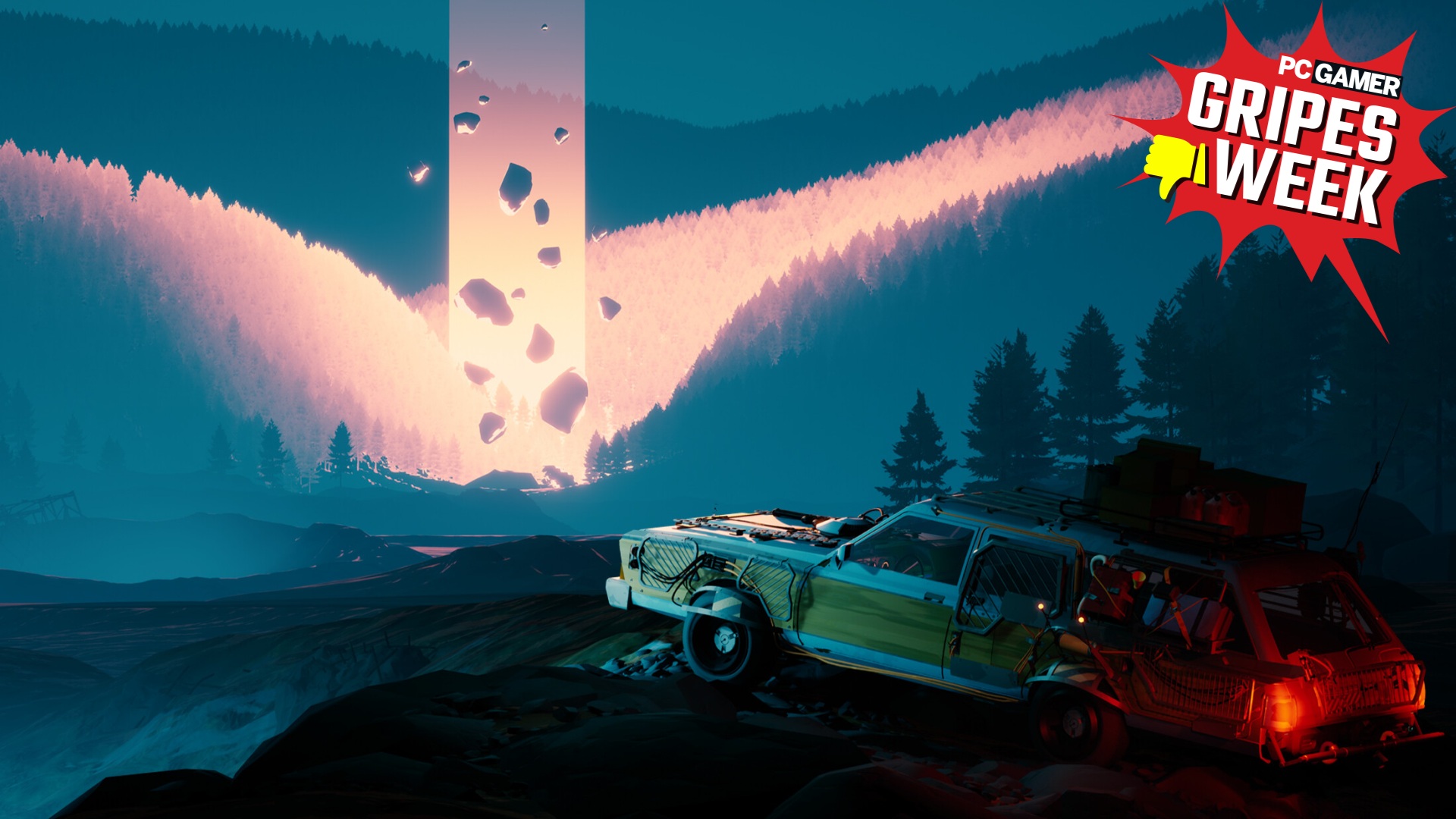 A station wagon looks out over the Pacific Northwest while a beam of light shines down from the sky