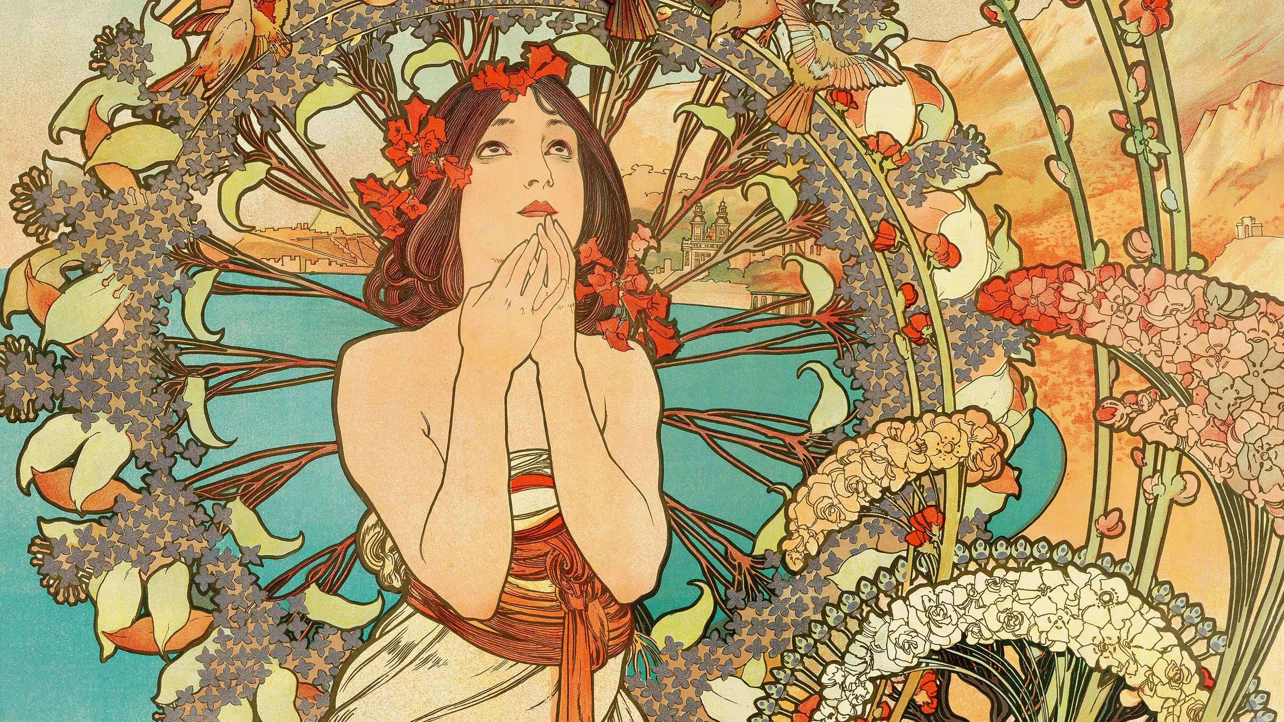 Beautiful woman sitting and praying in nature by Mucha