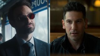 From left to right: Charlie Cox in a suit wearing red glasses as Matt in Daredevil: Born Again and Jon Bernthal as Frank Castle in The Punisher sitting in a booth.