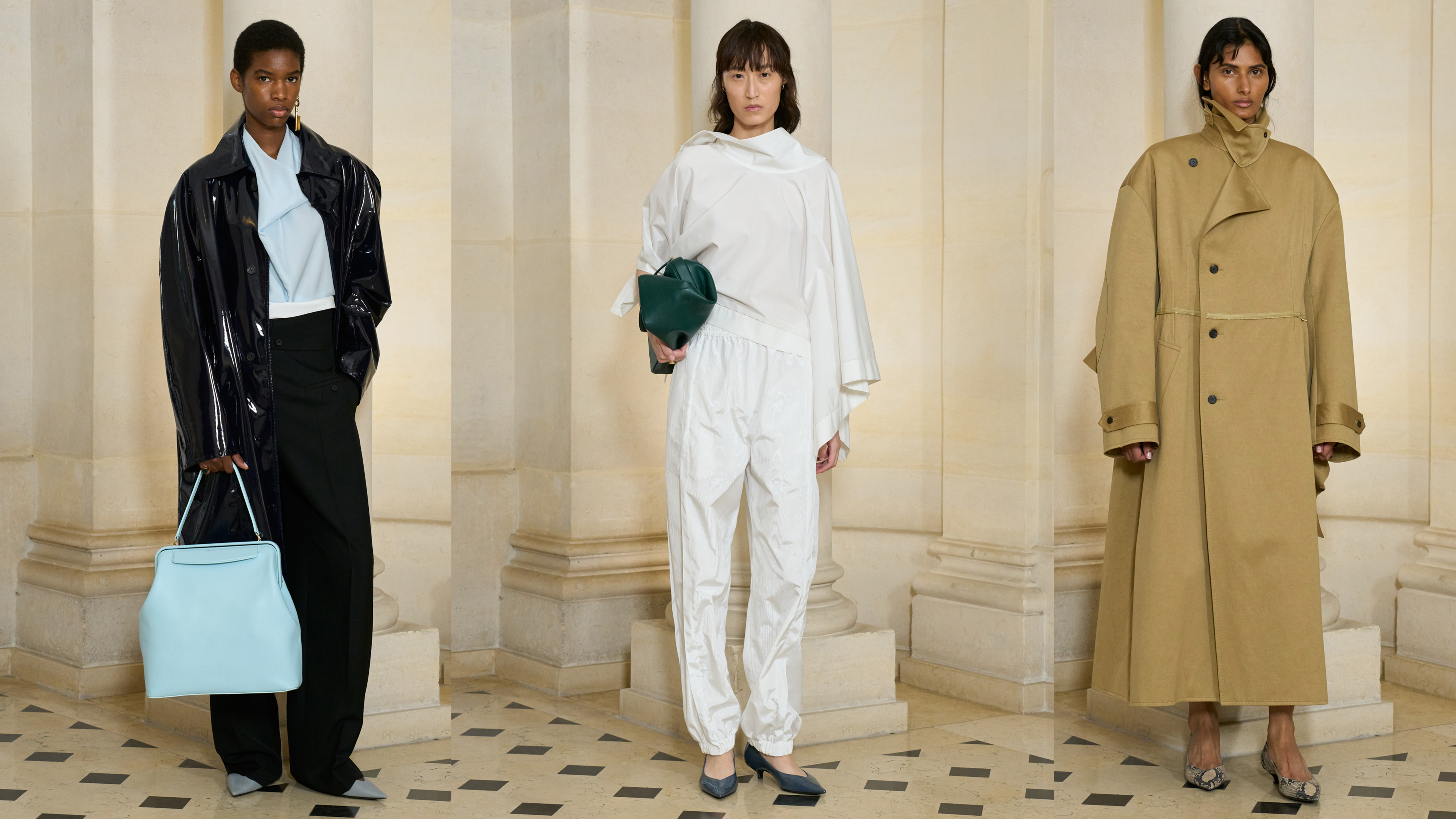 Three models at the Carven S/S 26 show.