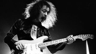 Ritchie Blackmore performing live onstage, playing Fender Stratocaster guitar in 1973