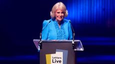 Queen Camilla reads onstage during Letters Live 2026 at The Royal Festival Hall on September 03, 2026