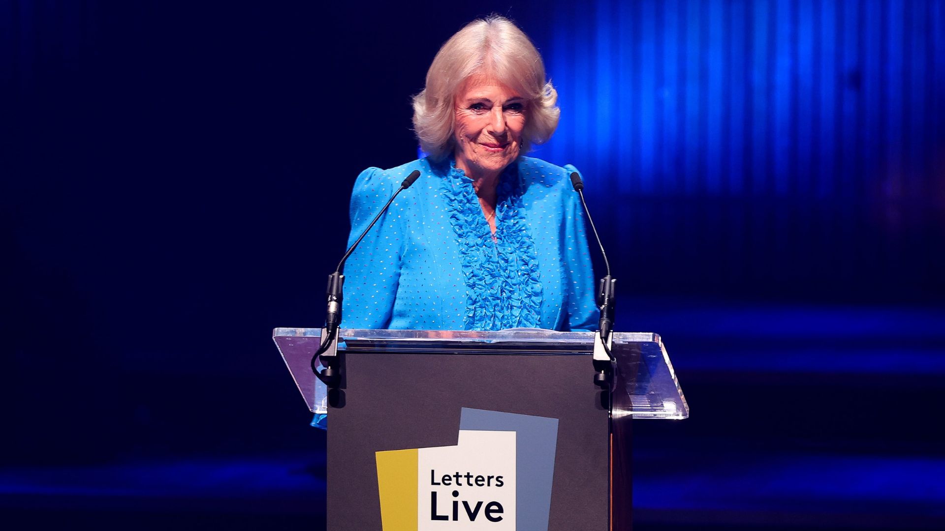 Queen Camilla reads onstage during Letters Live 2026 at The Royal Festival Hall on September 03, 2026
