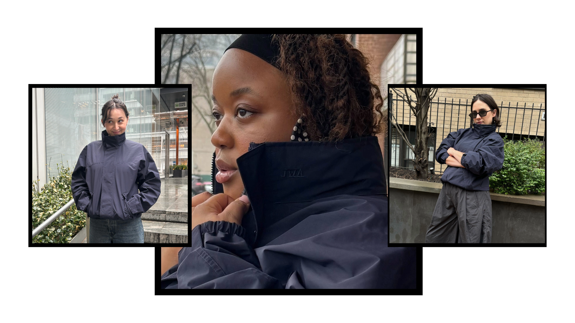 Fashion Features Editor Emma Childs, Associate Social Media Editor Ashlyn Delaney, and Fashion Commerce Editor Julia Marzovilla test the Uniqlo and JW Anderson Windproof Stand Blouson