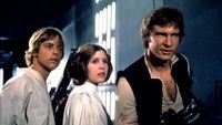 Mark Hamill as Luke Skywalker, Carrie Fisher as Princess Leia, and Harrison Ford as Han Solo