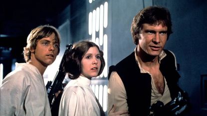 Mark Hamill as Luke Skywalker, Carrie Fisher as Princess Leia, and Harrison Ford as Han Solo