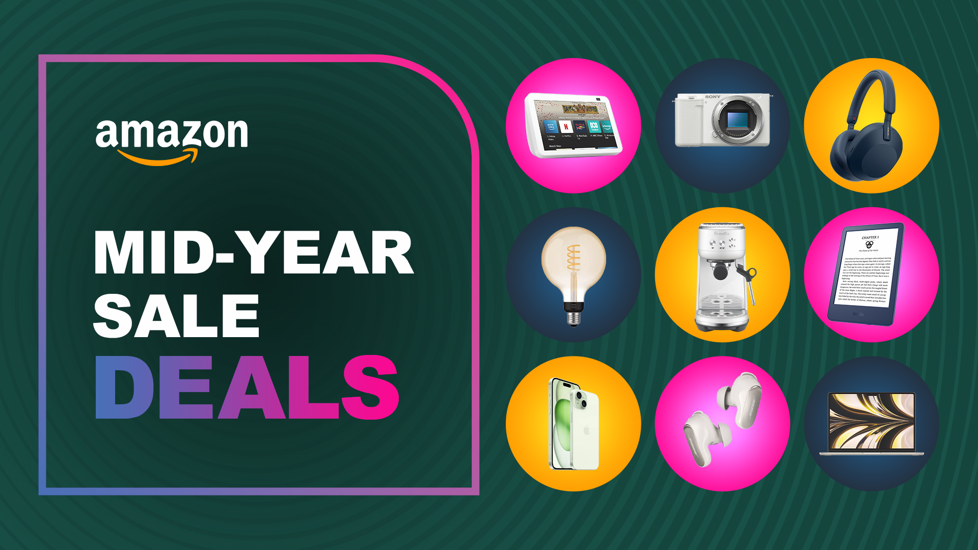 A collage of tech products on an Amazon Mid-Year Sale TechRadar deals background