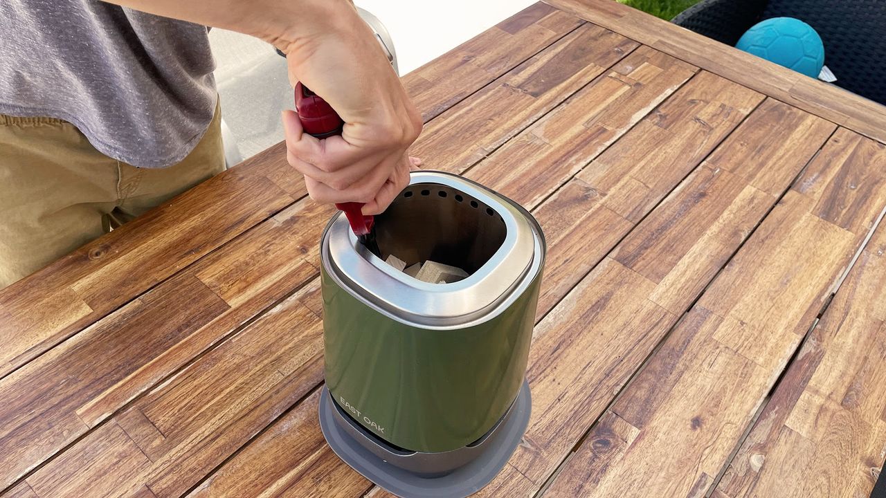 East Oak Mini Tabletop Fire Pit being tested in writer's home