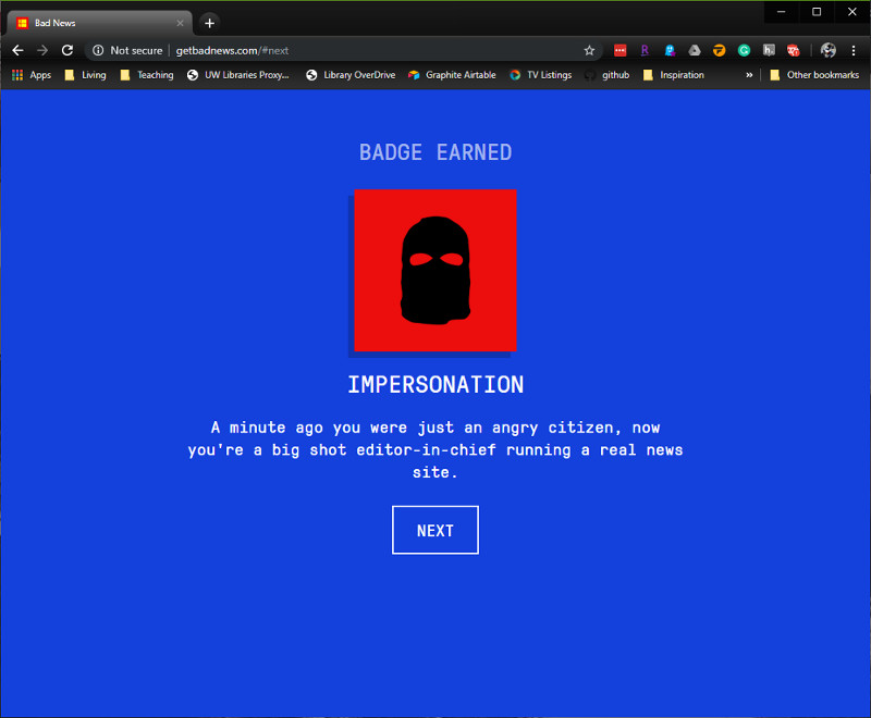 Bad News Screenshot: Badge Earned (impersonation) with black mask icon