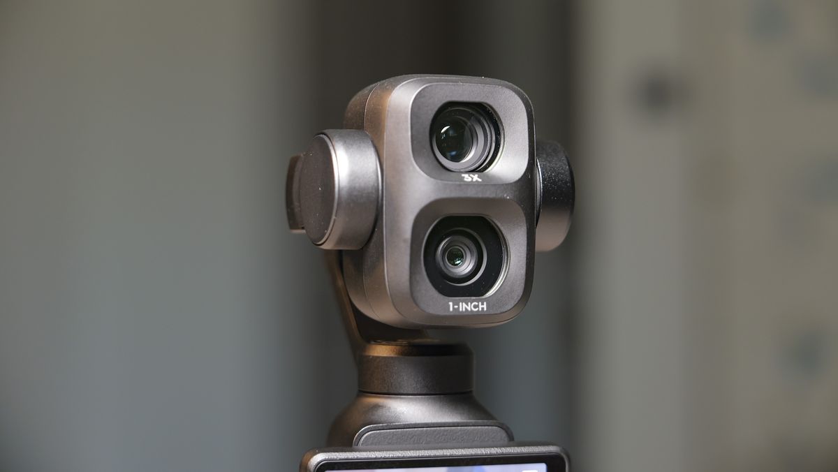 Close up of the DJI Osmo Pocket 4P vlogging camera's dual lenses