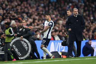 LONDON, ENGLAND - NOVEMBER 03: Cristian Romero of Tottenham Hotspur throws one of his boots after he is substituted due to injury during the Premier League match between Tottenham Hotspur FC and Aston Villa FC at Tottenham Hotspur Stadium on November 03, 2024 in London, England. (Photo by Ryan Pierse/Getty Images)