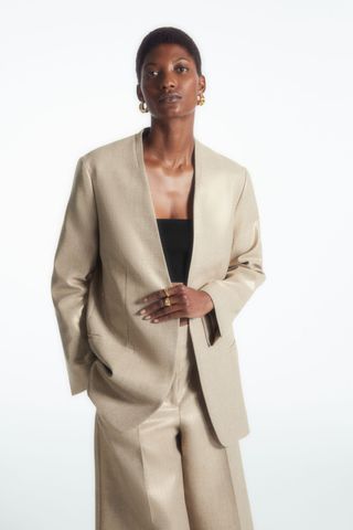 Relaxed Collarless Metallic Hopsack Blazer