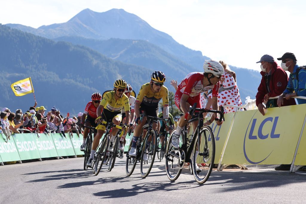 Guillaume Martin (Cofidis) leads eventual stage winner Primoz Roglic (Jumbo-Visma) and overall race leader Julian Alaphilippe (Deceuninck-QuickStep) into the final few hundred metres of stage 4 of the 2020 Tour de France at Orcières-Merlette