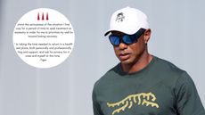 Main image of Tiger Woods walking into the TGL stadium in Jupiter Links gear with a screenshot of his statement in the top left