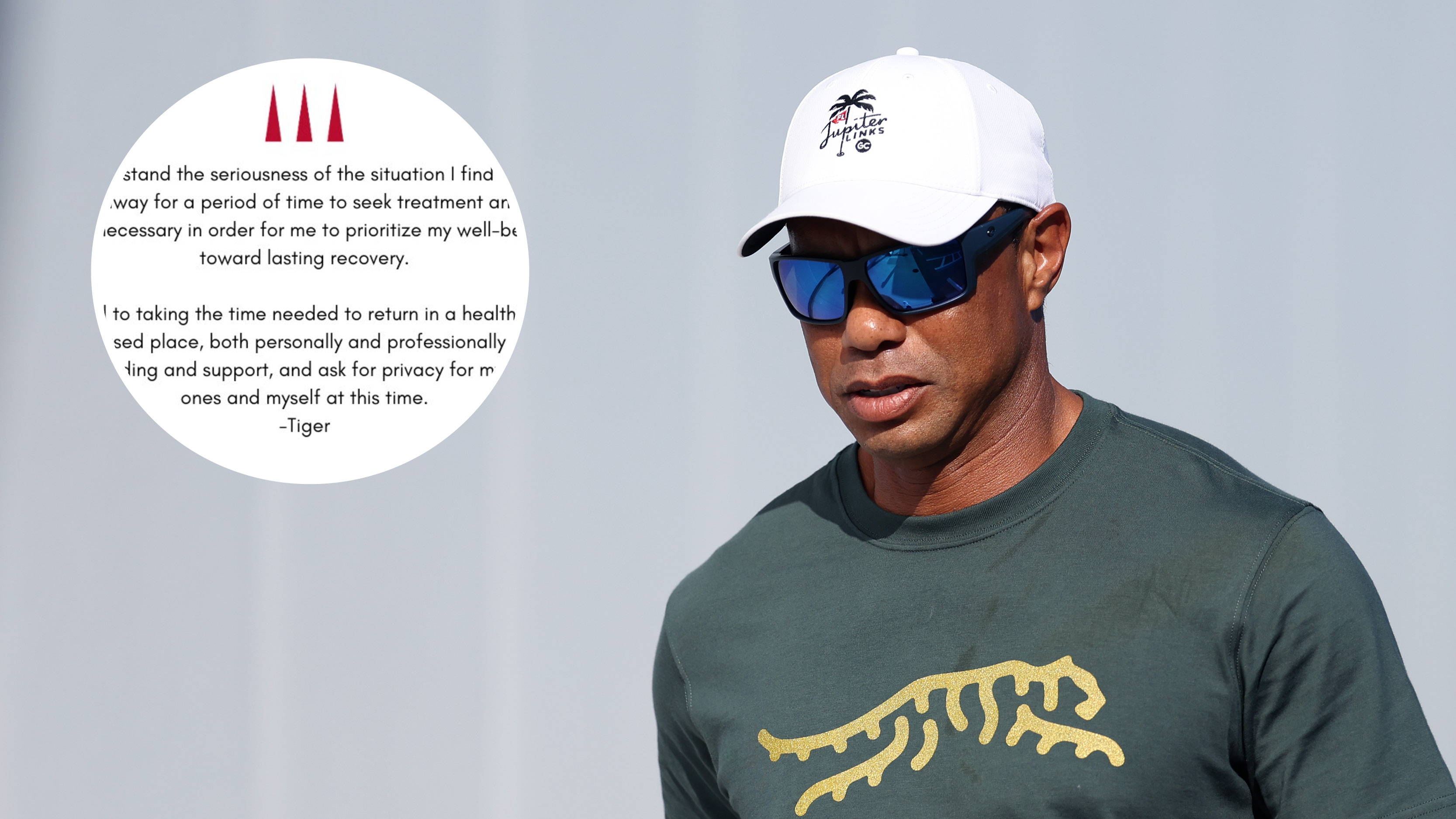 Main image of Tiger Woods walking into the TGL stadium in Jupiter Links gear with a screenshot of his statement in the top left