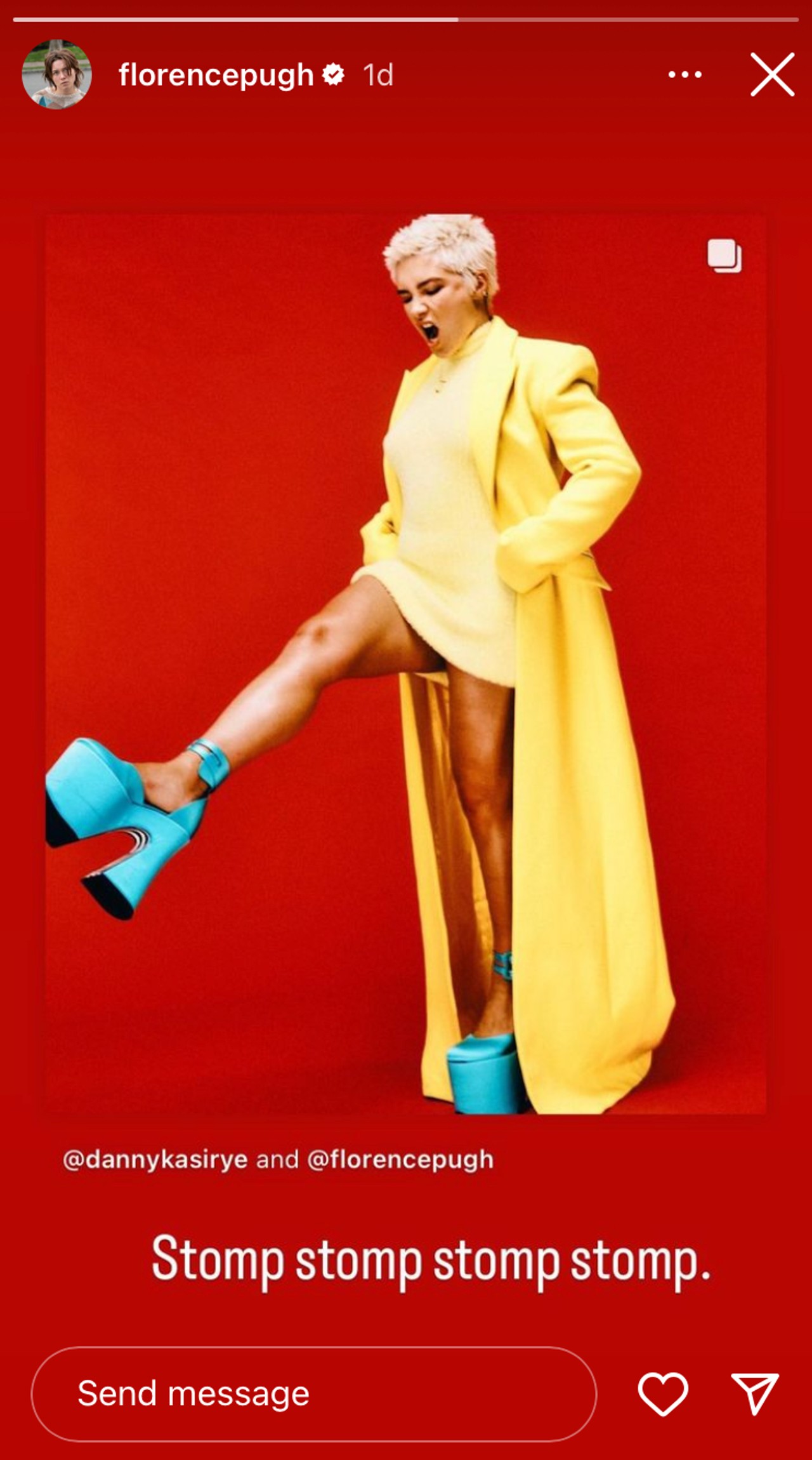 Florence Pugh in a bright yellow outfit and neon blue heels.