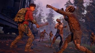 A person in a red jacket and camo pants holds a serrated blade, facing a group of ragged, mud-covered zombies on a train track at twilight.