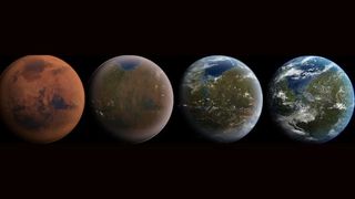 Artist's illustration depicting the terraforming of Mars — turning into a more Earth-like world.